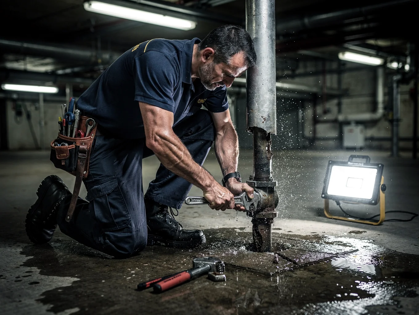 Emergency plumbing repair technician in action