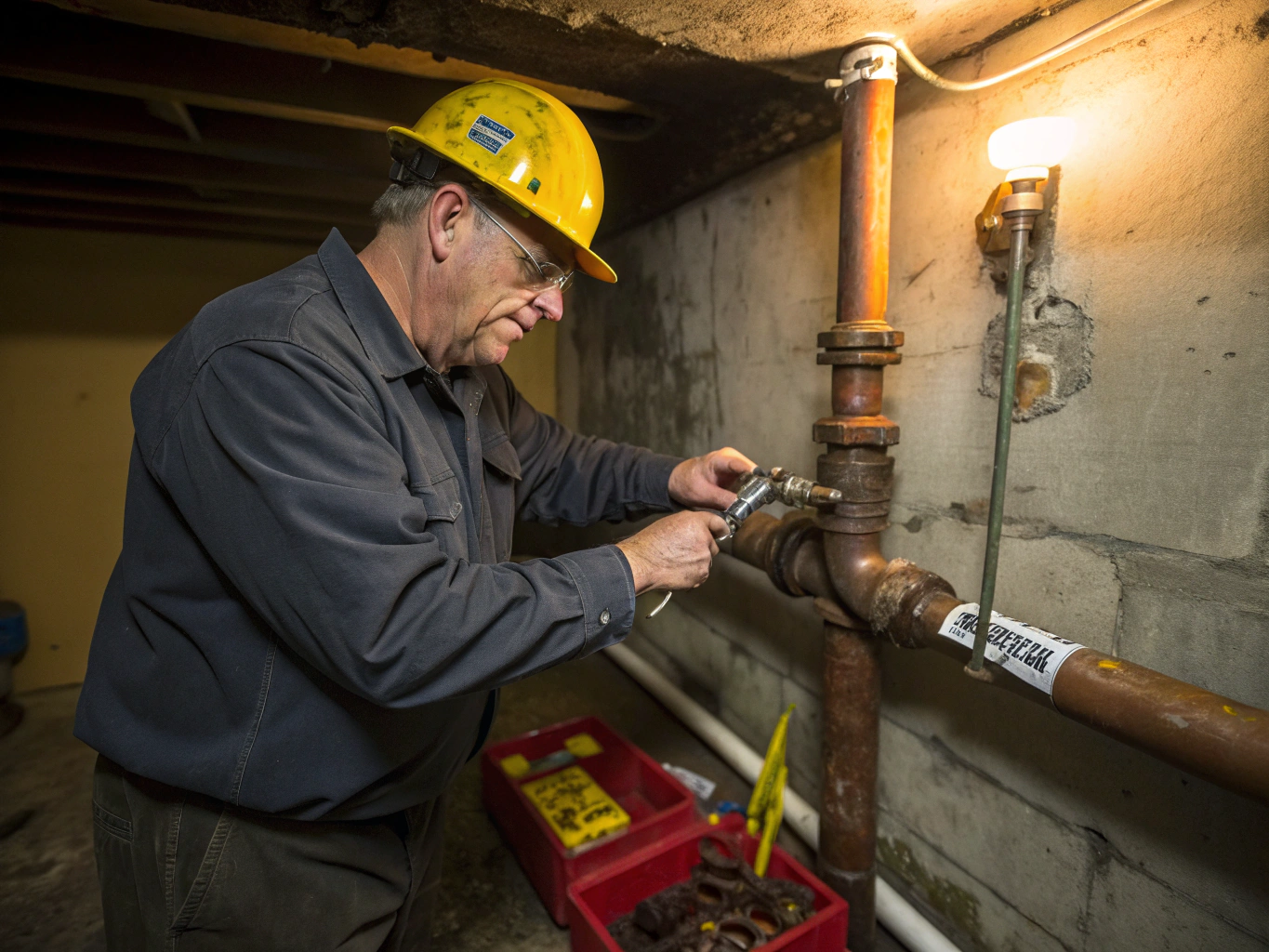 Professional plumber working on copper piping in a Houston home