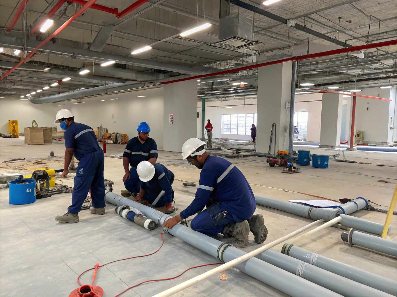 Plumbing team inspecting industrial pipe systems