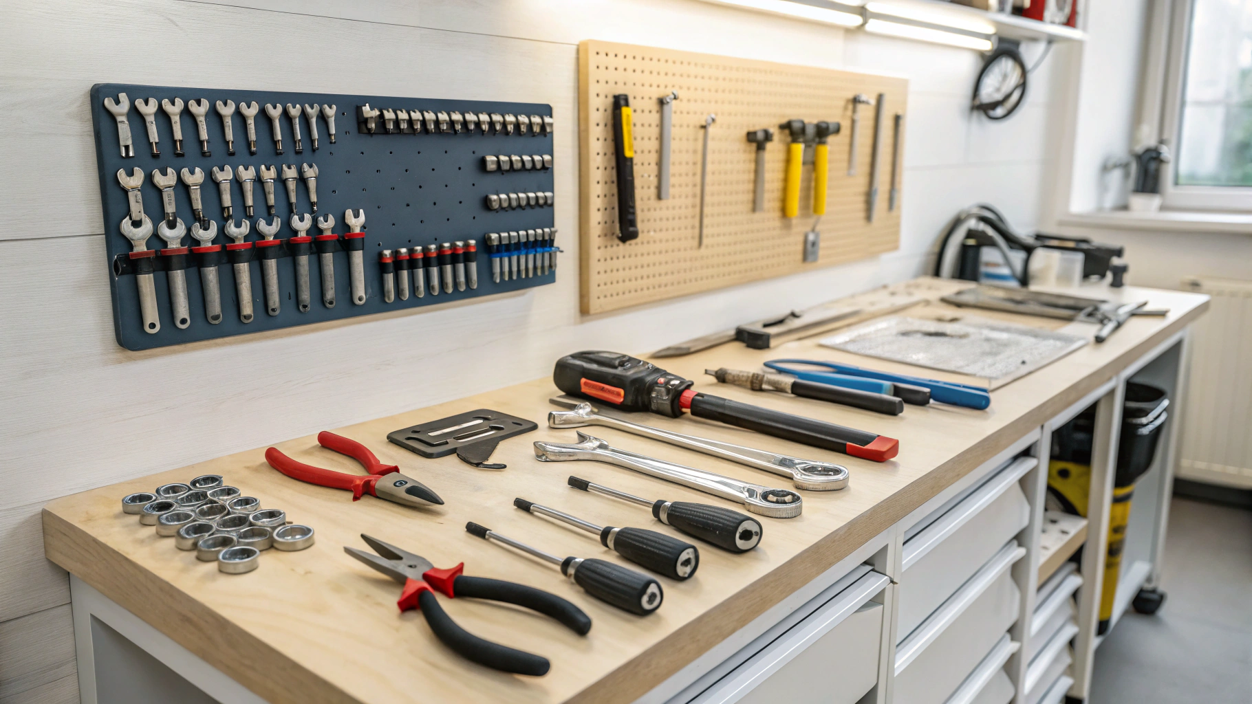 Professional plumbing tools laid out on a workbench at night